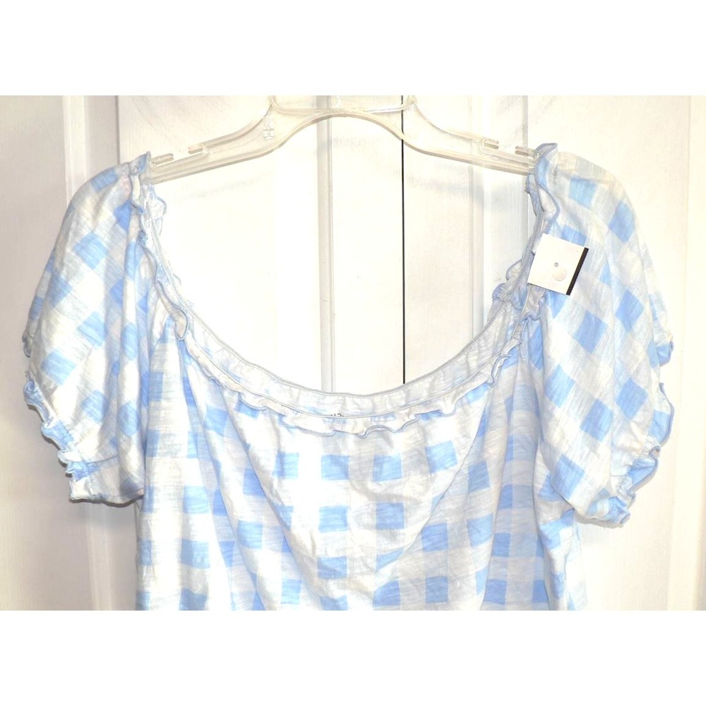 Arizona Jean Co. Women's Lettuce Edge Crop Cotton Gingham Top in Blue/White 2XL - Picture 3 of 8